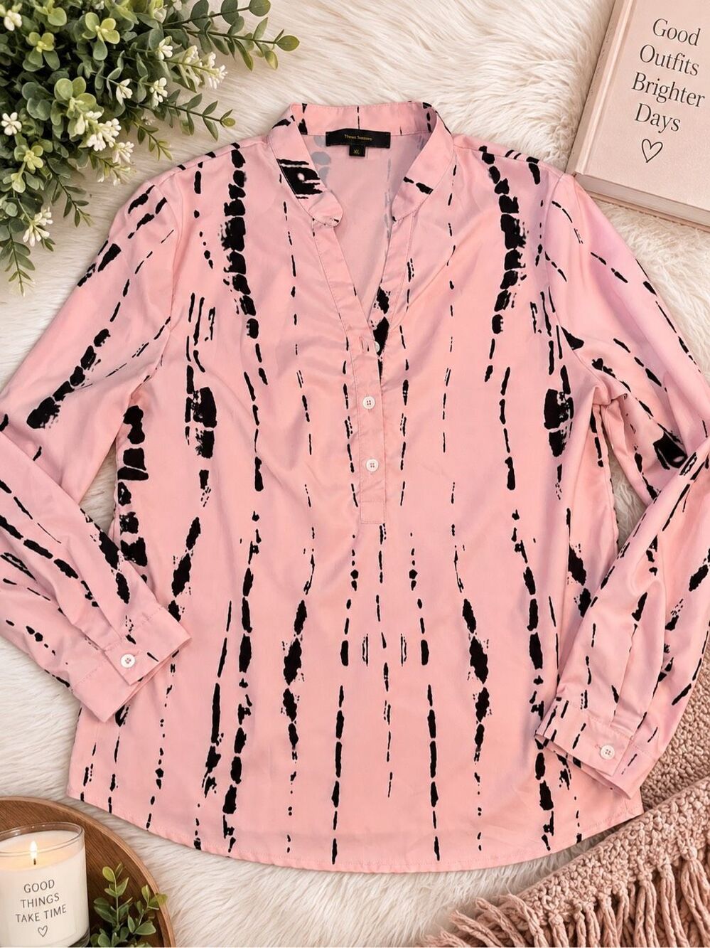 Three Seasons Women’s XL Pink Black Abstract Tie Dye Long Sleeve Blouse Top